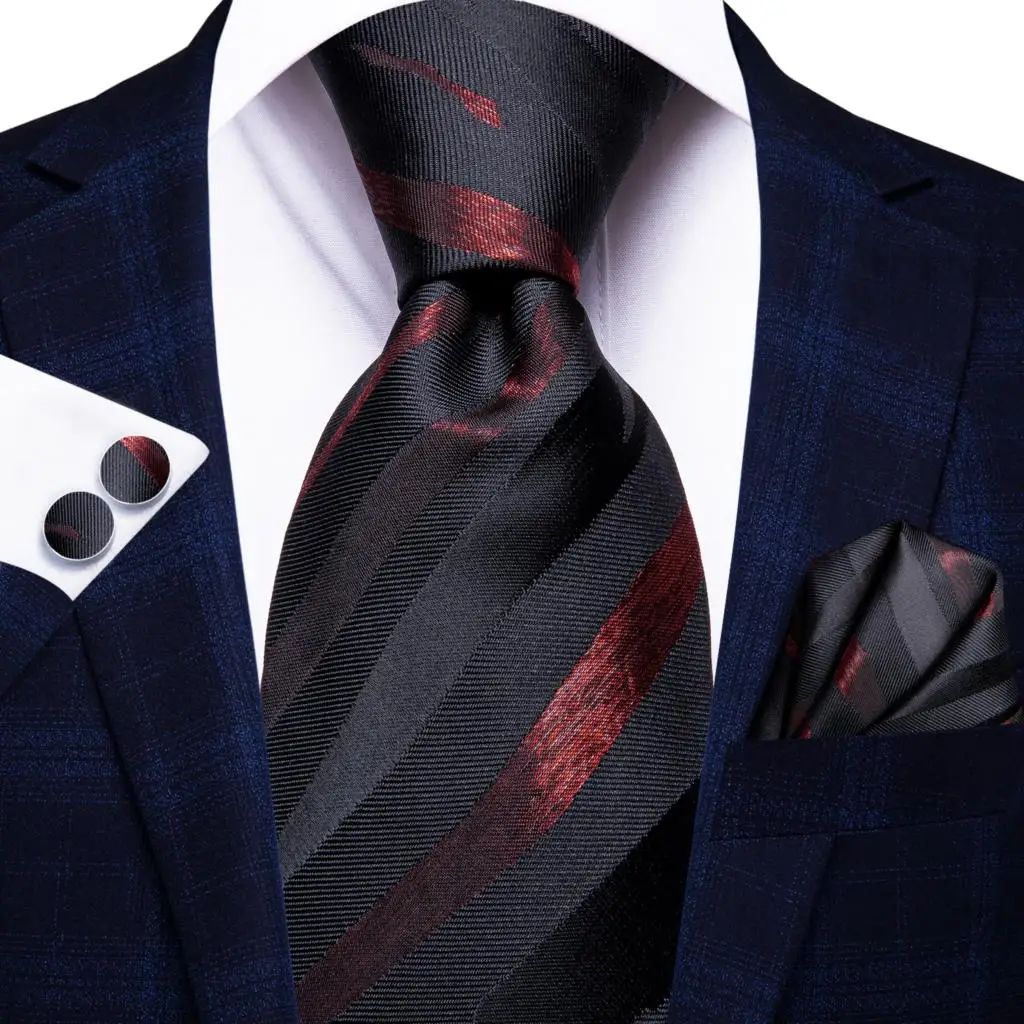 

Hi-Tie Black Burgundy Striped Silk Wedding Tie For Men Handky Cufflink Fashion Designer Necktie For Men Business Party Dropship