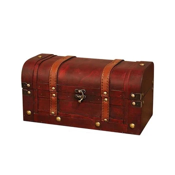

European Retro Wooden Box Red Leather Vintage Treasure Chest Jewelry Storage Box Photography Props Home Decoration
