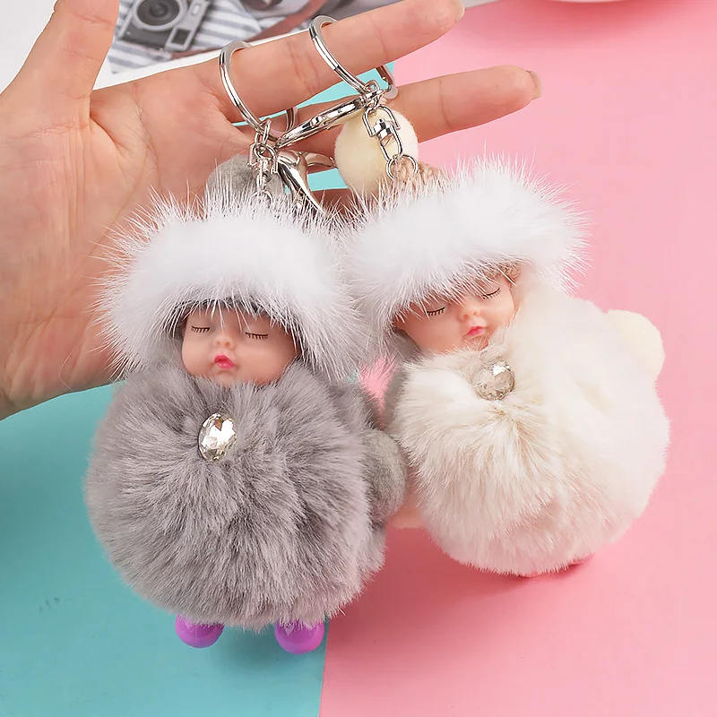 2PCS Sleeping Baby Bowtie Fluffy Pompom Fur Plush Doll Keychain Keyring Key Ring 