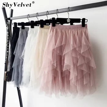 

Summer Irregular Pleated Tulle Skirts Women Mini Mesh Skirt Party Club Elastic High Waist Princess Layered Tutu Short Skirt Pink