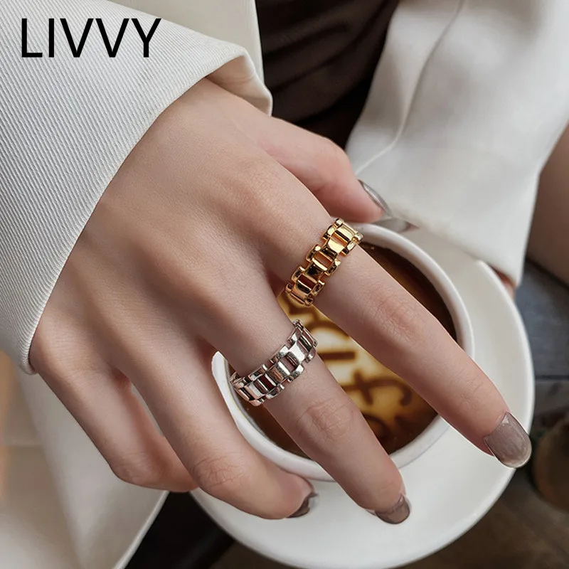 LIVVY Silver Color Watch Chain Rings  for Women Men Fashion Creative Retro Simple Personality Party Jewelry Gift