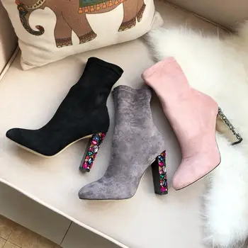 

Flock Ankle Boots Women Crystal Decor High Heels Slip on Elastic Sock Boots Ladies 2020 New Chic Design Luxury Brand Women Shoes