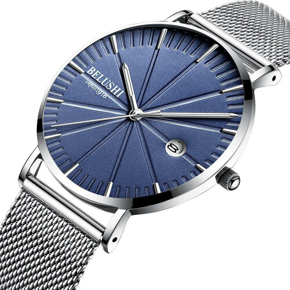 

Top Brand Belushi Men's Watch Slim 8MM Waterproof Quartz Watch Stainless Steel Mesh Strap Business Casual Calendar Men's Watch