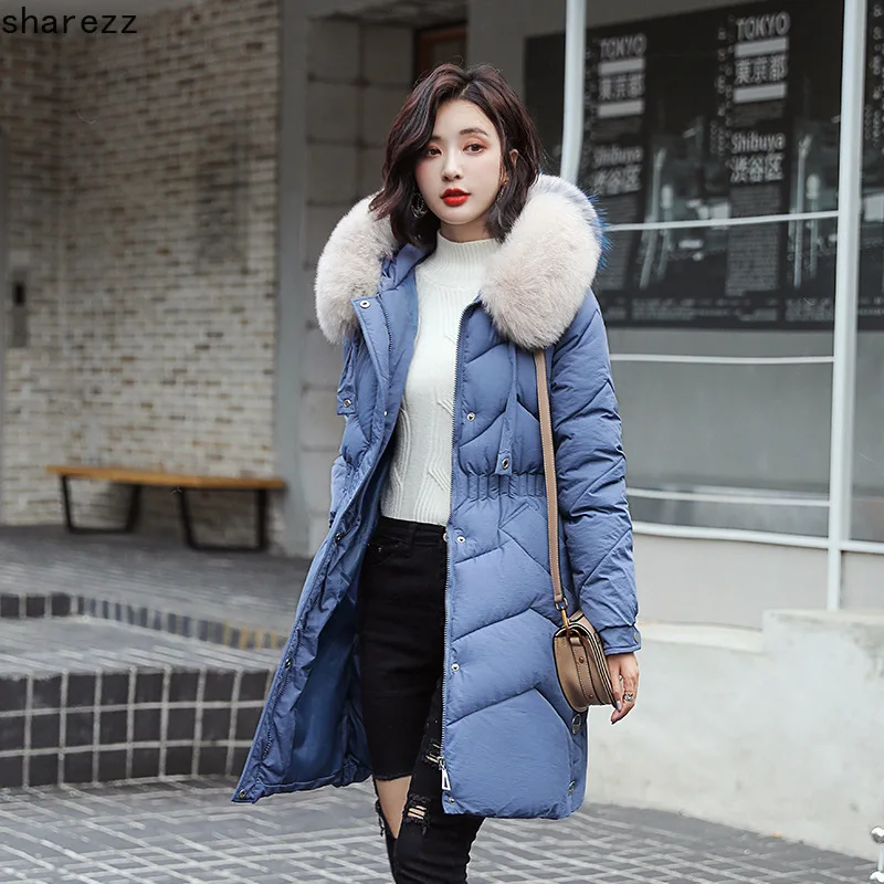 

2019 Winter New Over The Knee Female Section Thick Cotton Coat Large Fur Collar Cotton Jacket Waist Female Jacket J8101