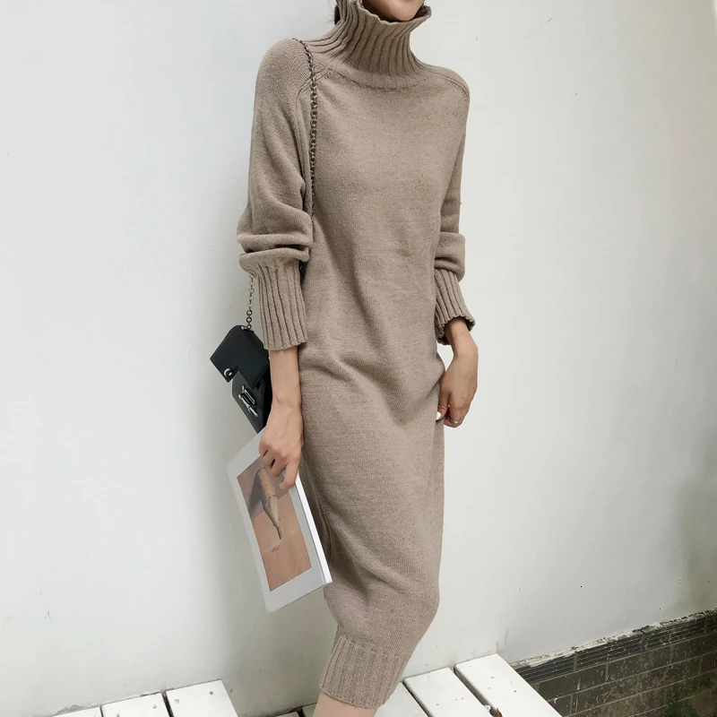 Sweater Dress Women Knitted Turtleneck Solid Dress Autumn Winter Warm Knit Female Dress Loose Midi Vestidos Dresses Big Sizes Sweater Dress Women Knitted Turtleneck Solid Dress Autumn Winter Warm Knit Female Dress Loose Midi Vestidos Dresses Big Sizes