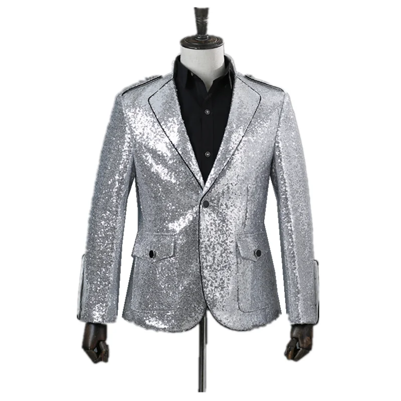 Модные серебряные блестки стоячий воротник мужские костюмы пиджак мужской Tid певец ночной клуб ведущий бар сценический DJ костюм Блейзер костюм