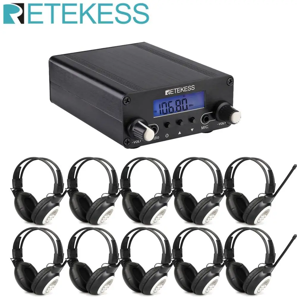 Беспроводной fm передатчик Retekess TR508 радиостанция + 10 шт. TR101 наушники для езды на