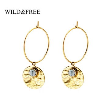 

Wild&Free Vintage Big Round Circle Dangle Earrings For Women Stainless Steel Texture Disc With Stone Drop Earrings Jewelry