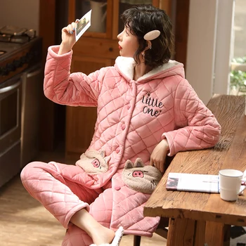 

Women Pajama Set Autumn Winter Pajamas Cartoon Thick Warm Women Sleepwear Cute Animal Female Homewear Hooded pijama mujer