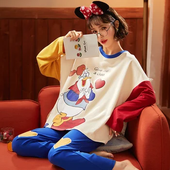 

Womens Pajamas Sets Autumn Winter New Long Sleeve Cartoon Print Cute Loose Sleepwear Girl Pijamas Mujer Leisure Nightgown Women