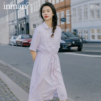 

INMAN 2020 Spring Autumn Cotton Plaid Short Sleeve Slimmed Nipped Waist Drawstring Blouse