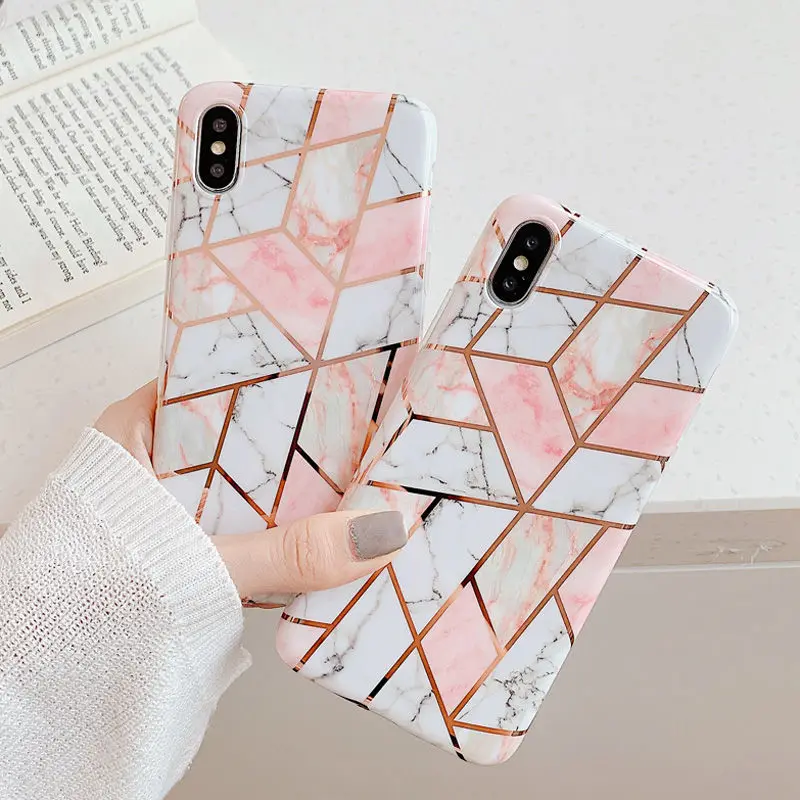 

Moskado Marble Texture Case For iPhone 6 6S 7 8 Plus X XR XS Max Geometric Splice Plating Phone Case Soft IMD Silicon Back Cover