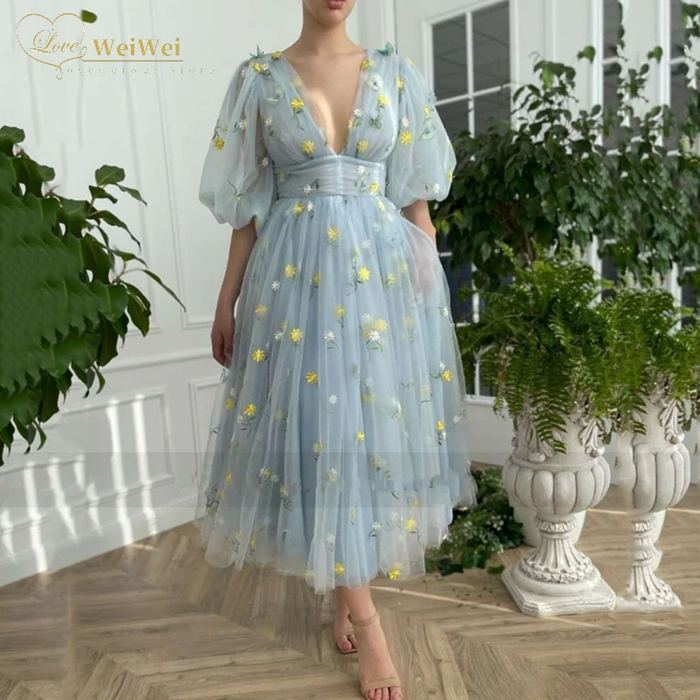 satin prom dress Sexy Sky Blue Tea Length Prom Dresses V-Neck  A-Line Half Puff Sleeves Flowers  Embroidery Women Formal Evening Gowns short formal dresses