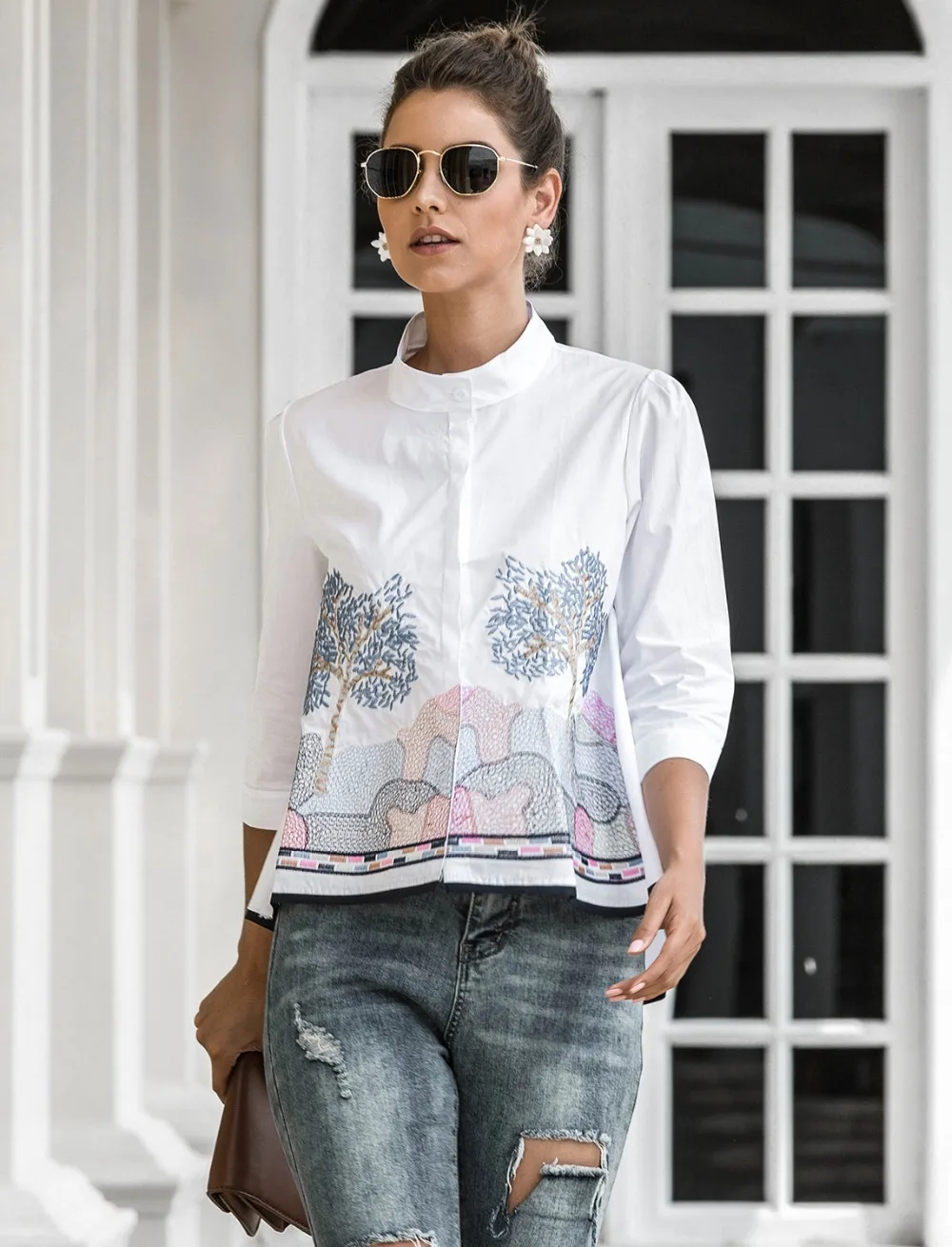 

Embroidery Shirt Women Summer Autumn 2020 New Arrival Fashion 3/4 Sleeve Casual Blouses Ladies White Doll Shirt