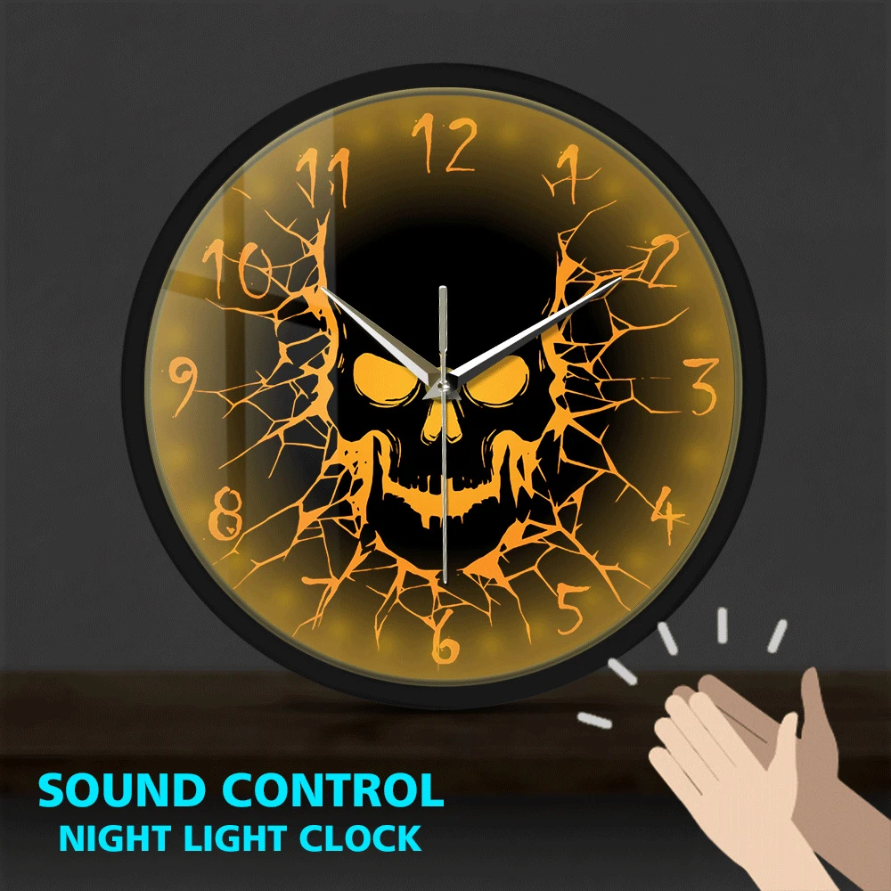 Skull with Crack Hole Metal Frame LED Wall Clock Sound Control Non Ticking Gothic Birth of a Demon Clocks Halloween Home Decor garden clock