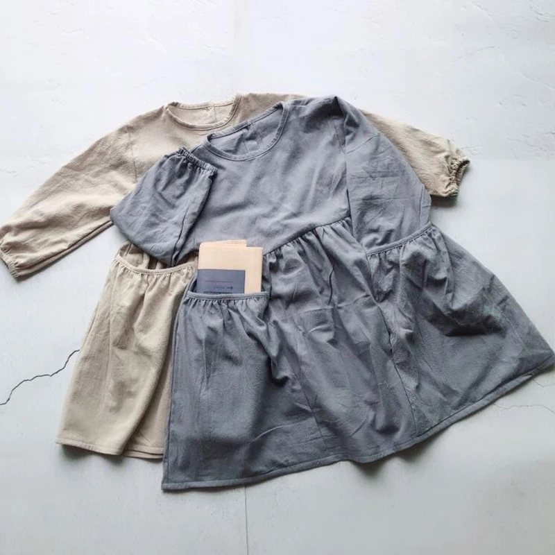 Г. Весеннее детское платье для девочек льняная одежда с длинными рукавами платье принцессы с оборками Одежда для маленьких девочек Корейский Японский стиль