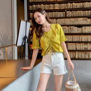 

2020 shirt female navel drawstring strap puff sleeve temperament was thin shirt was thin versatile shirt