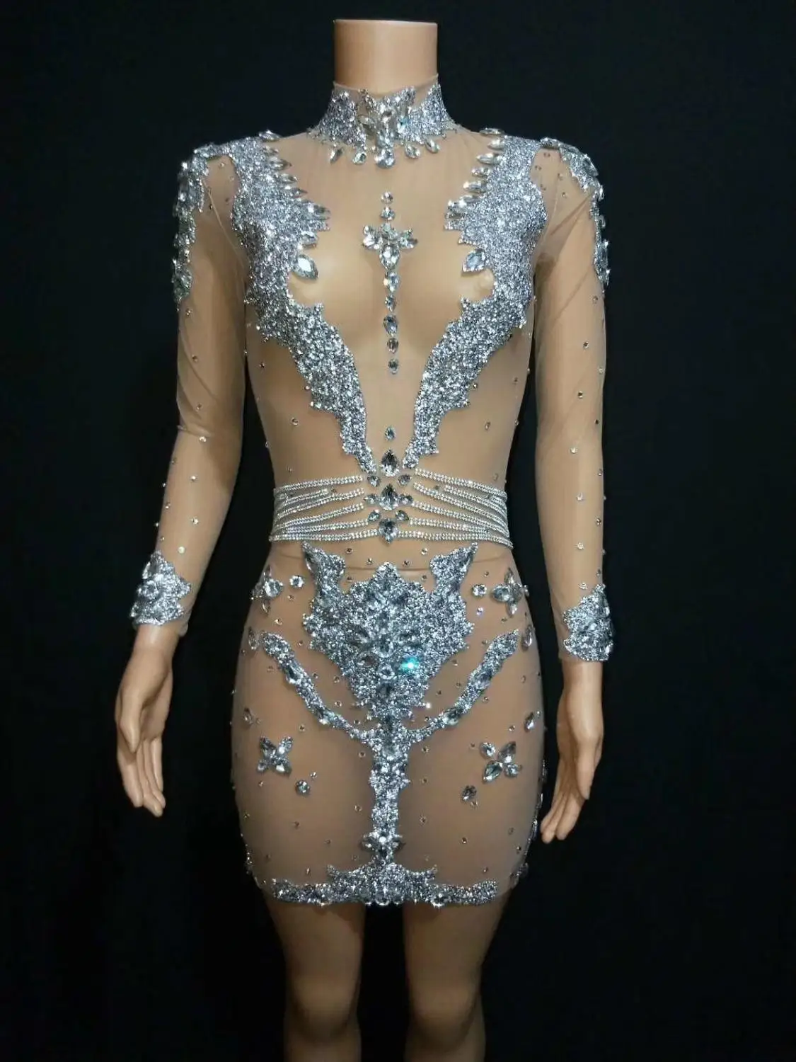Women Sexy Sparkly Silver Crystals Mesh Dress Women Birthday Celebrate Perspective Dress Stage Evening Nightclub Dance Dress