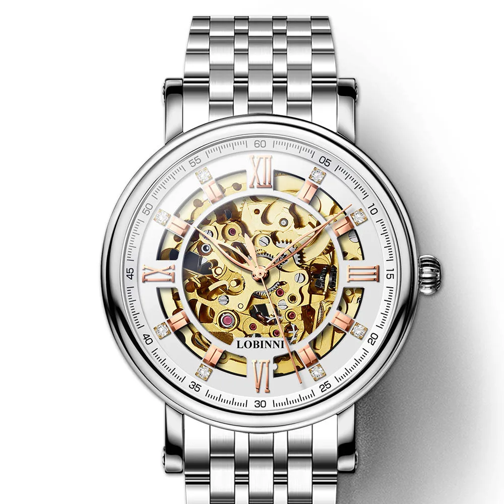 

Switzerland Watch Men LOBINNI MIYOTA Automatic Mechanical Watches Silver Steel Sapphire Skeleton Clock relogio masculin 9010M-12