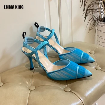 

2020 Autumn Mesh Gladiator Strip Sandals Women Stripe Patchwork Elastic Strappy Pointy Toe Slingback High Heels Shoes Woman