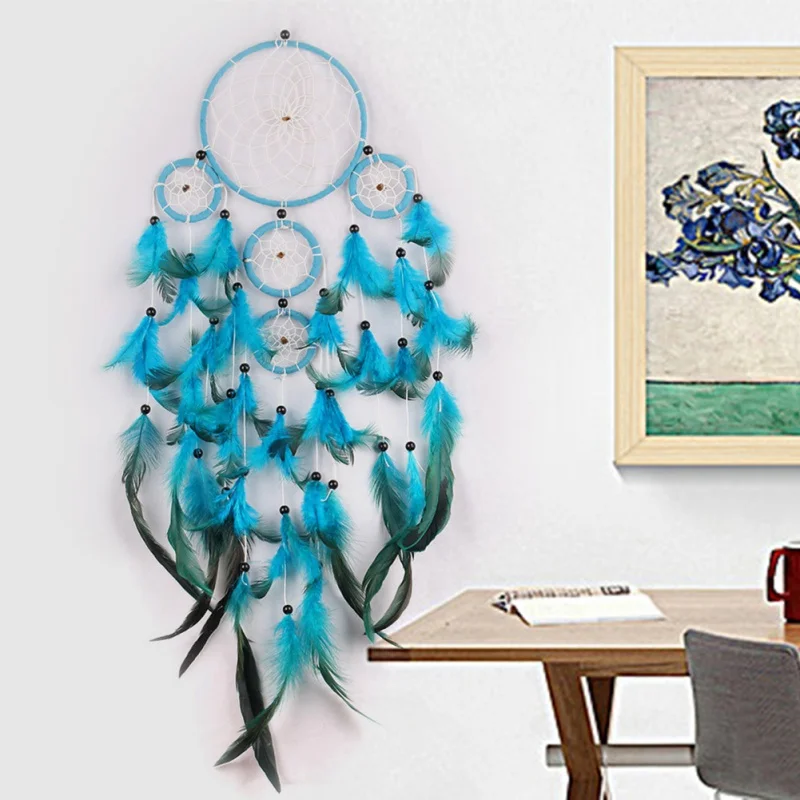 Dream catcher wind chimes feather crafts blue home decoration handmade beads hanging on the wall car supplies | Дом и сад