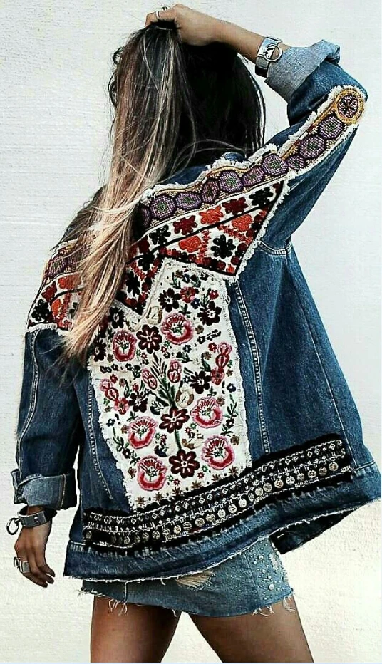 gypsylady jaqueta jeans de algodão bordado floral boho casaco feminino de manga roupa externa