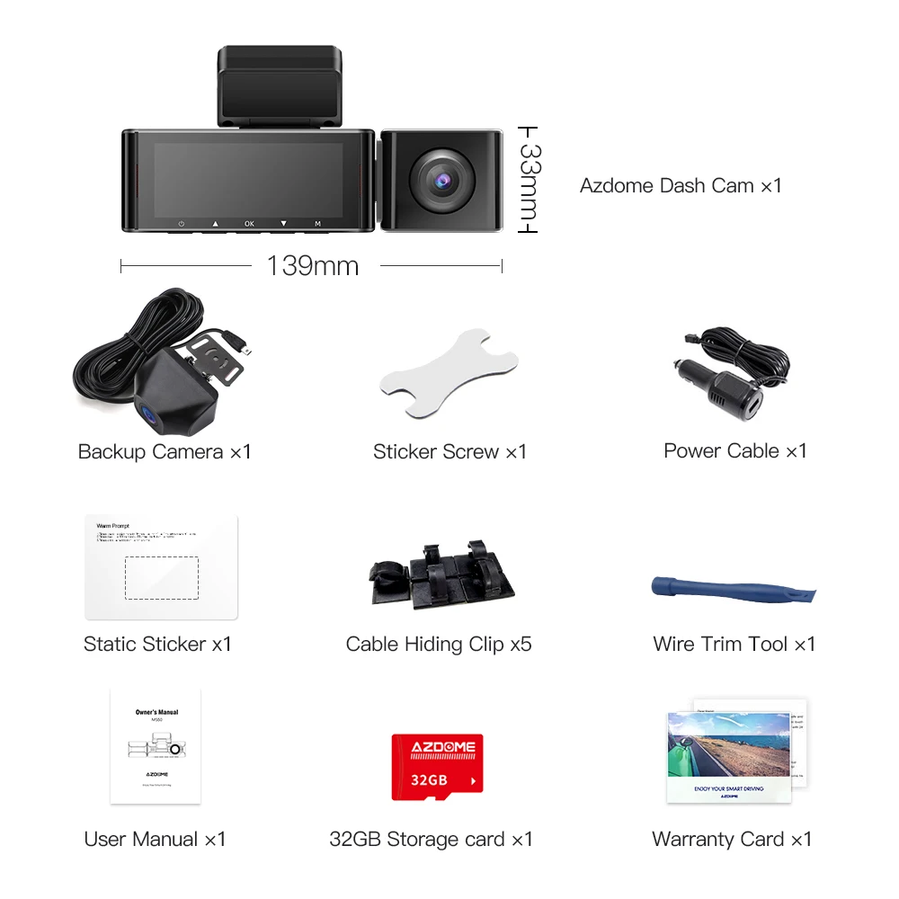 Azdome M550 Car Dvr 3 Channel Camera 4k +1080 Rear Cam 800mp