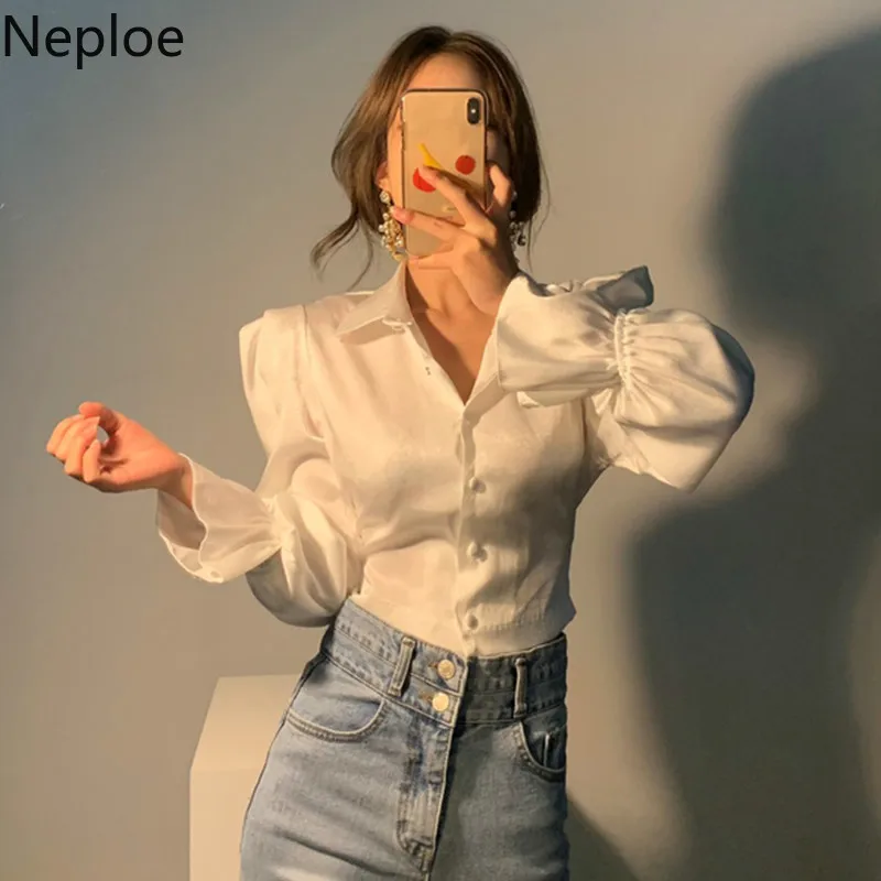 Neploe Chic Retro Turn Down Collar Puff Long Sleeve Stain Blouse Slim Fit Single Breast Blusas Back Lace Up Bow Design Shirt New Neploe Chic Retro Turn Down Collar Puff Long Sleeve Stain Blouse Slim Fit Single Breast Blusas Back Lace Up Bow Design Shirt New