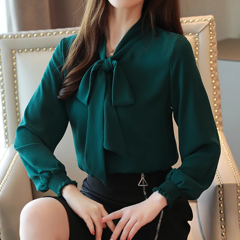 Blusas Mujer De Moda 2021 Bow Chiffon Blouse Solid Lantern Plus Size Tops Offfice Long Sleeve Korean Ladies Shirts Green 0392 | Женская