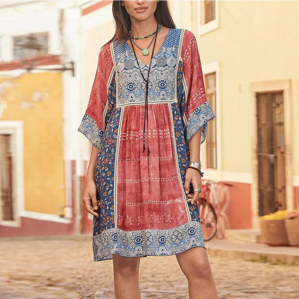 

Women Plus Size Bohemian Summer Dress Party Print V Neck Loose Casual Party Mini Dresses Half Sleeve Loose Dresses vestido S-5XL