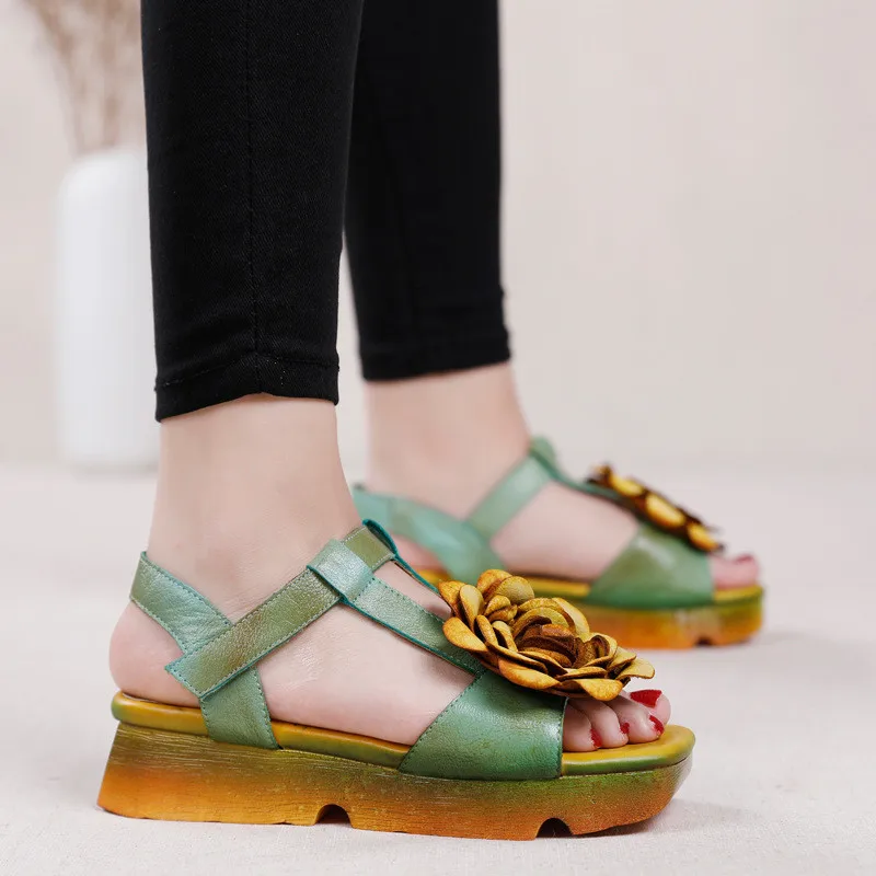 Genuine Leather Hand Painted Women Wedge Sandals Retro Flower Soft Ankle Strap Platform Sandal Retro Summer Lady Shoes High Heel (3)