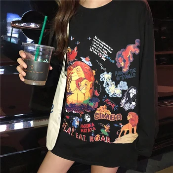 

2020 Spring The Lion King Cartoon Print Tshirt Women Loose Casual Shirts Long Sleeve Harajuku Streetwear Long Top Tees Plus Size