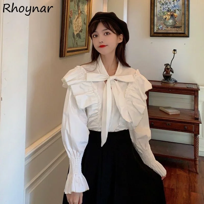 

Blouses Women Chic Ulzzang Full Flare Sleeve Girls All-match Bowknot Solid Tender College Fashion Tops Loose Ladies Lovely Ins