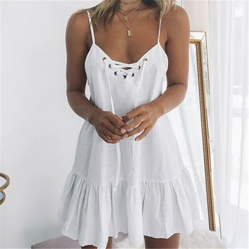 

Women Dress Elegant Dresses Boho Sleeveless Sundress Woman Party Night Club Dress Solid Ruffle V Neck Ladies Dresses