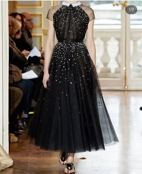 

New Arrival Black Dubai Arabic evening dress 2020 Cap sleeve evening gowns Beaded Crystals Formal dresses evening party