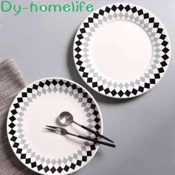 

8-inch Diamond-shaped Checkered White Round Ceramic Plate Family Kitchen Tableware Restaurant Bone China Western Steak Plate