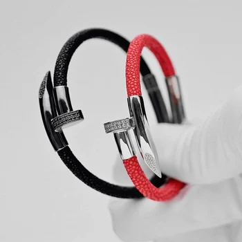 

Fashion Black Color & Micro Pave Black CZ Nail Bracelet Black Stingray Leather Bracelets For Men Women Jewelry Pulsera Hombre