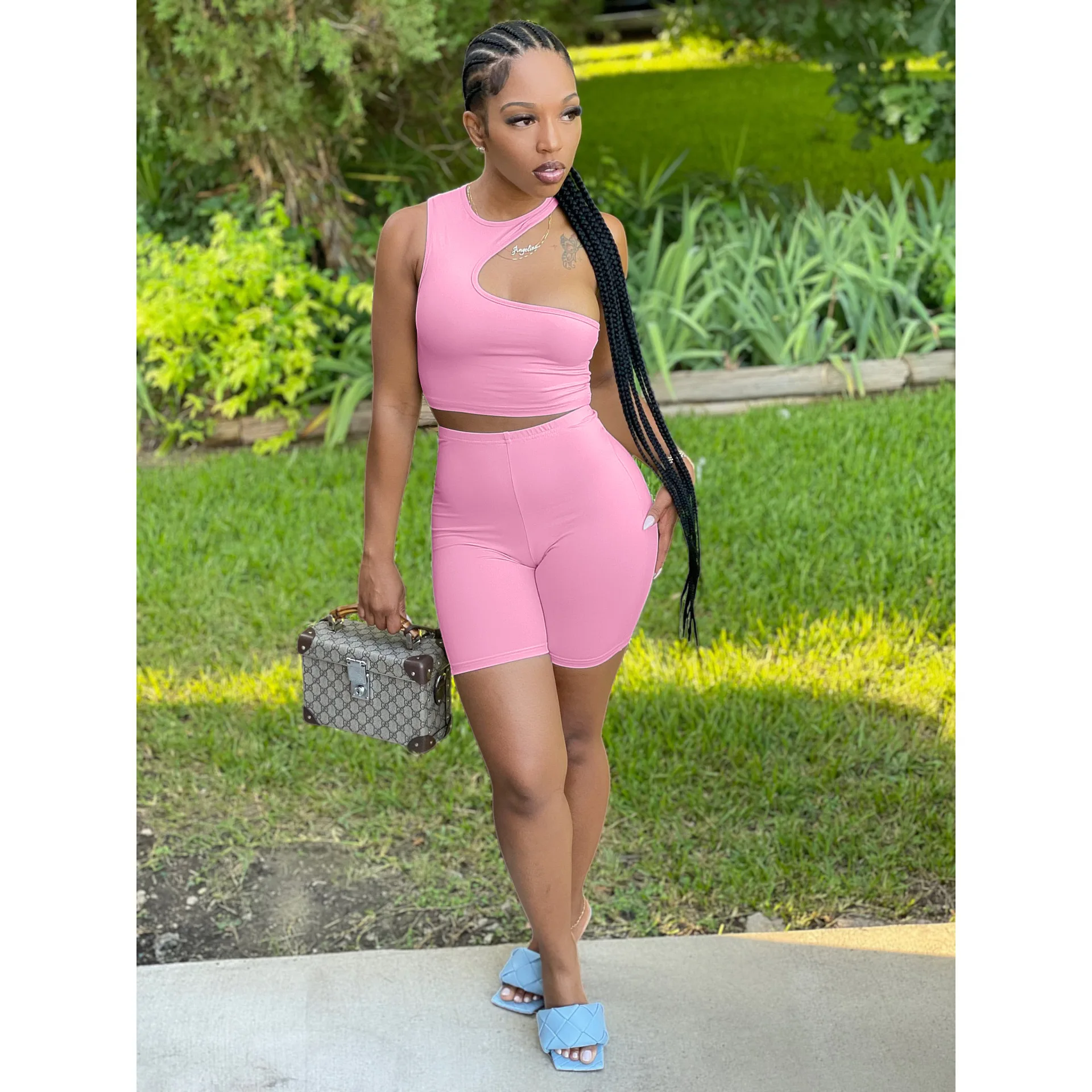 Ronikasha Women Biker Shorts Set 2 Piece Set Summer Short Sleeve Collarless Casual Jogger Cycling Suit Sexy Clothes