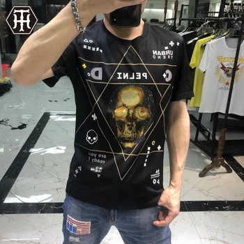 

2020 Casual Rhinestones Skull T Shirts Men Streetwear Mercerized Cotton Clothes Short Sleeve Slim Tee Camisetas Calavera Hombre