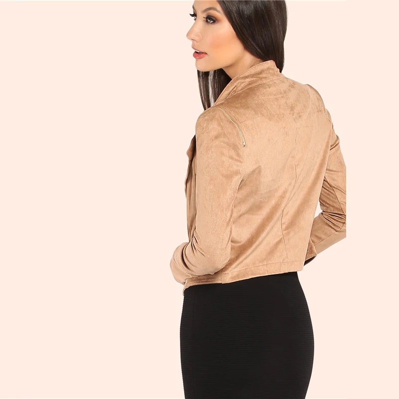 COLROVIE Camel Suede Moto куртка Женская мода осень уличная Женская молния укороченный байкерская куртка однотонная Повседневная Верхняя одежда