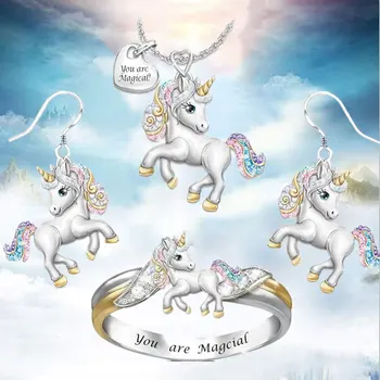 

Cute Rainbow Unicorn Jewelry Sets for Women Girls Cartoon Animal Necklace Earrings Rings Kids Jewelry Set Birthday Jewelry Gifts