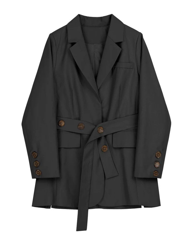 Черный Khaki Blazer Women Waist Bandage Temperament Blazer New Lapel Long Sleeve Office Lady Suit Jacket Fashion Spring Autumn - Цвет: Черный