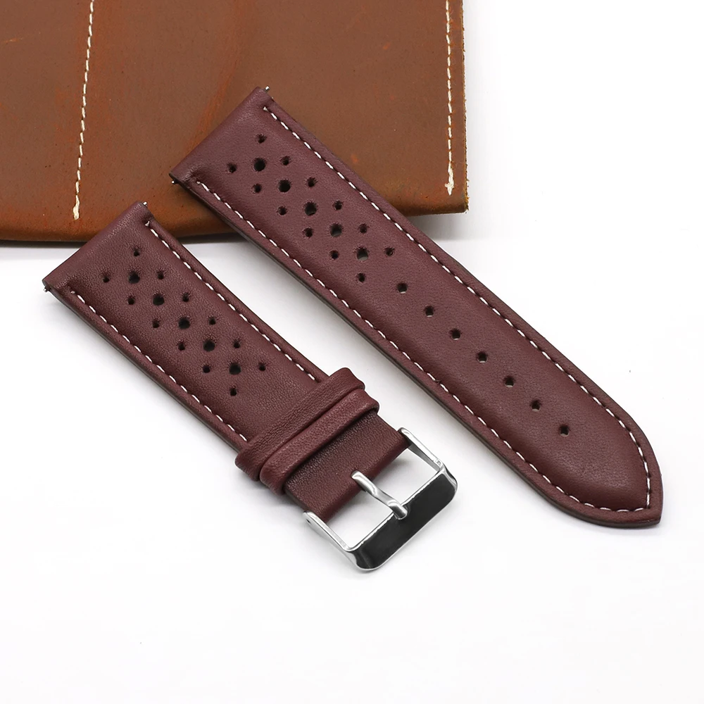 Vintage Handmade Racing Leather Watch Strap - Breathable Porous Design in Gray, Black, Brown, and Blue