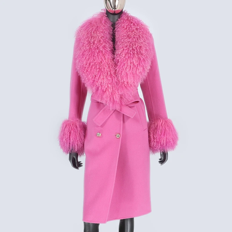 H722ed63473e64265b7ea73cc03fe3300A 2021X-Long Natural Mongolia Sheep Real Fur Coat Autumn Winter Jacket Women Double Breasted Belt Wool Blends Overcoat Streetwea
