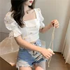 Blouse Et Chemisier Femme Vintage Square Neck Back Bow Bandage Sexy Crop Top Short Sleeve Summer Floral Embroidery Shirts Women 1