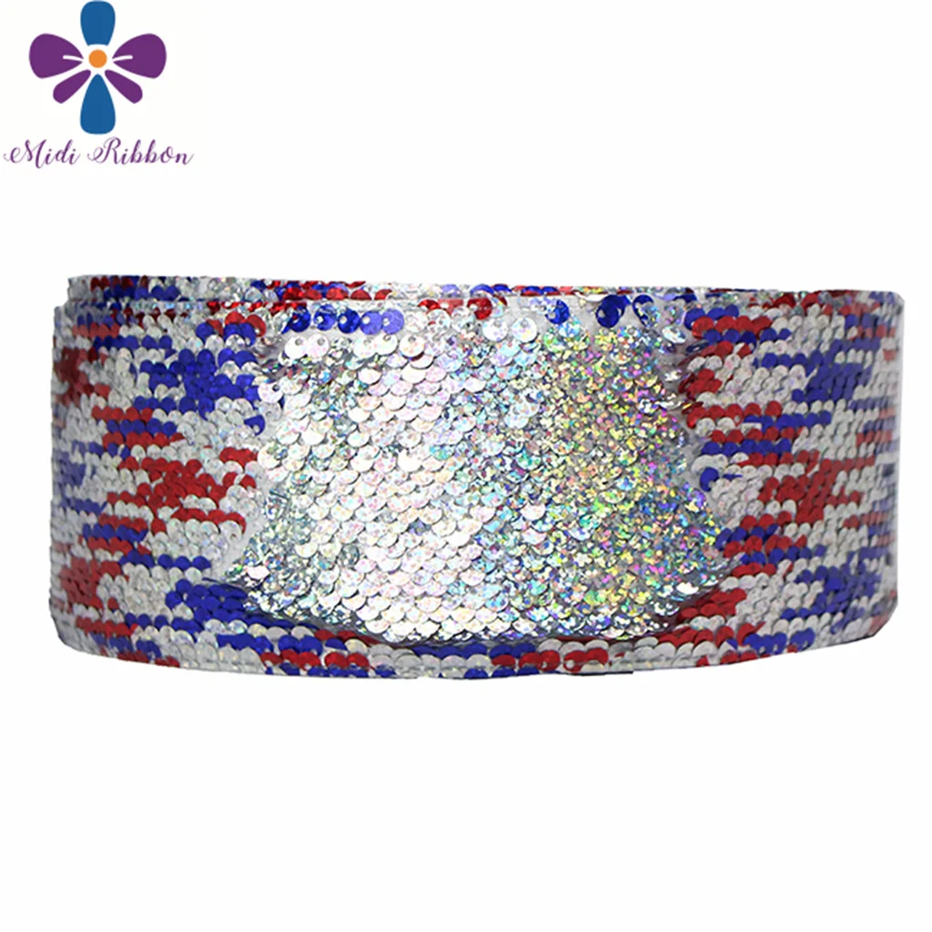 

3"75mm Double Color Hologram Royal&Red&Silver Reversible Sequin Ribbon 25yards/roll DIY Hair Band Gift Bowknots Making
