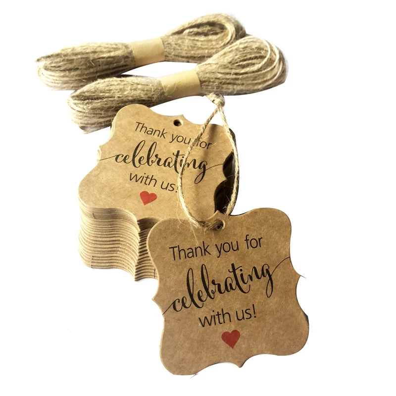 100 Pcs Thank You for Celebrating with Us Tags Kraft Paper Gift Wrap Tags with Natural Jute Twine for Baby Shower,Christmas,Wedd