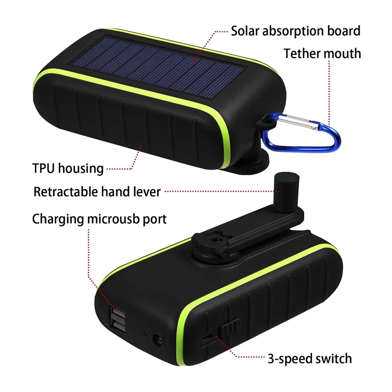 best portable charger Solar Charger, 10000MAh Portable Hand Crank Phone Charger 2 USB Ports Solar Power Bank with LED Flashlight, Carabiner portable phone charger