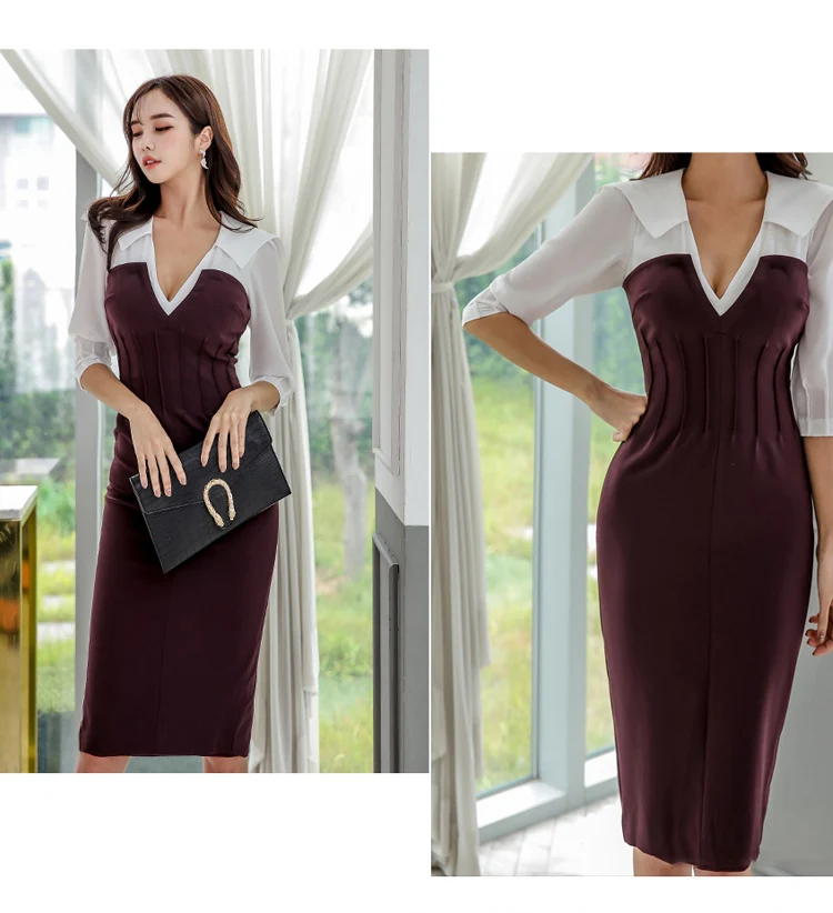 Autumn New Women Elegant V-neck Patchwork Bodycon Midi Long Formal Party Dress Night Club Winter Spring