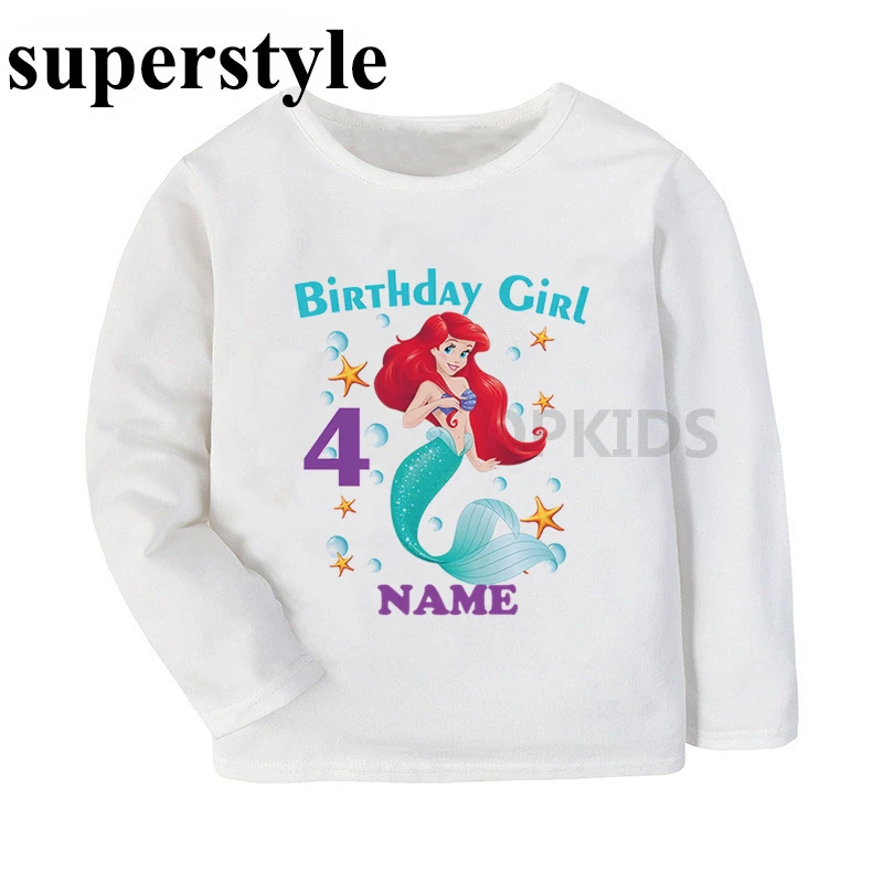 Футболка с длинными рукавами для девочек с принтом «День рождения Русалочки» вечерние футболки с цифрами 1-9 для подарка на день рождения, детская одежда dLKP103